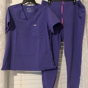 Figs Vivid Purple Scrub Set with Pink Accents